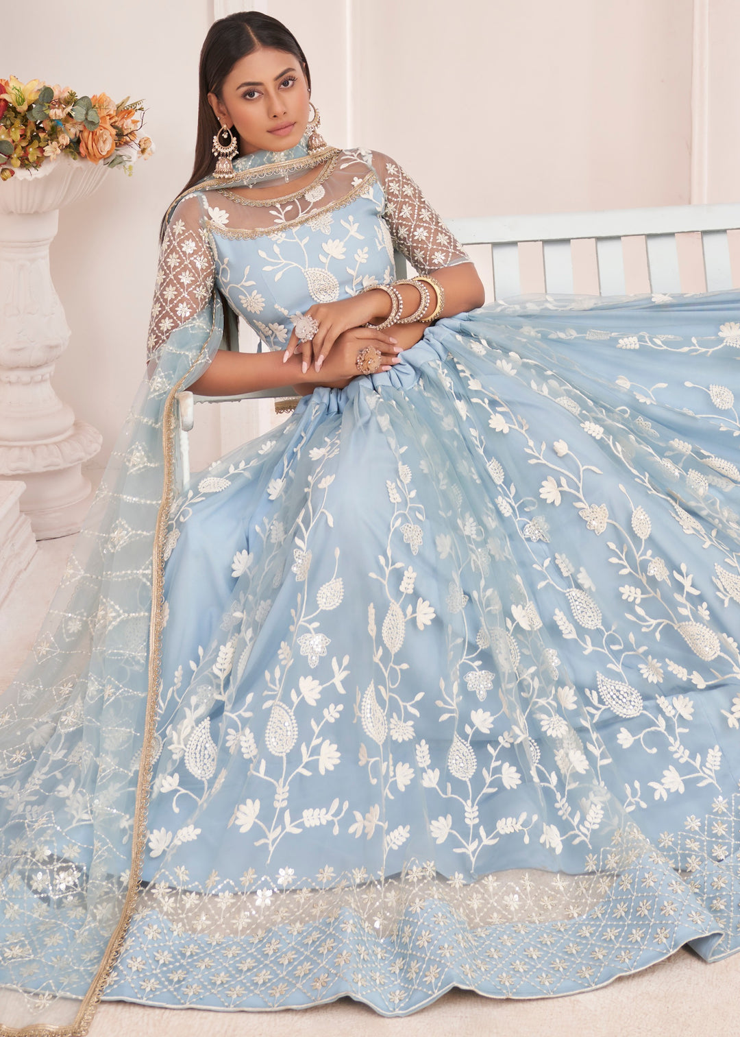 Sky Blue Designer Soft Net Lehenga With Cotton Thread And Sequins Embroidery Work