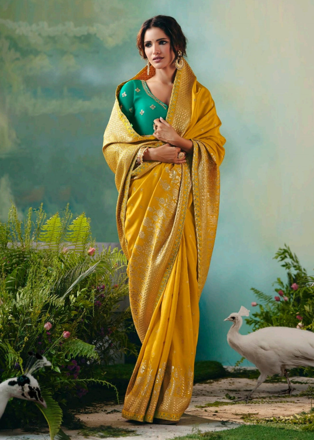 Golden Yellow Pure Viscose Dola Silk Saree with Zari Weaving & Embroidered Blouse