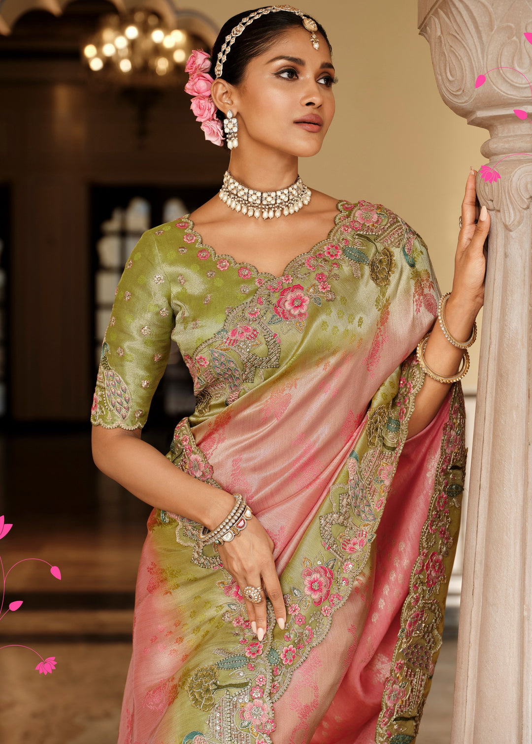 Dusty Rose Pink With Green Border Silk Saree