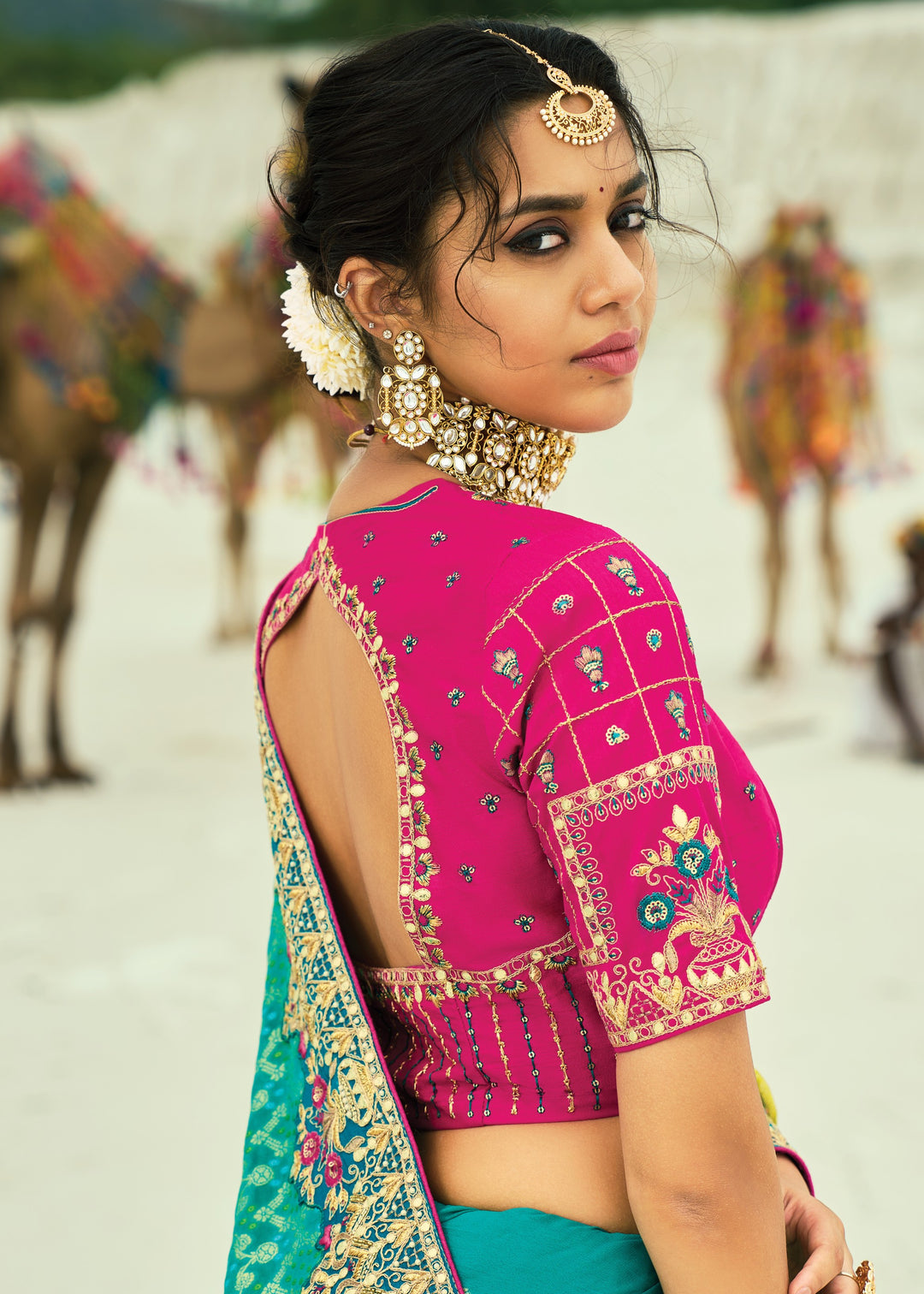 Turquoise Blue & Yellow Georgette Bandhej Saree With Moti & Cut-Dana Handwork Border