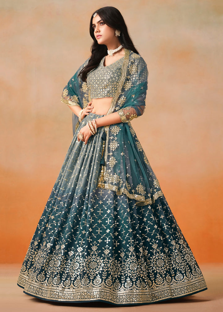 Dove Blue Sequins Zari Embroidered Work Georgette Lehenga