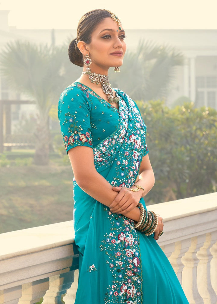 Firozi Pure Crape Saree With Moti Work