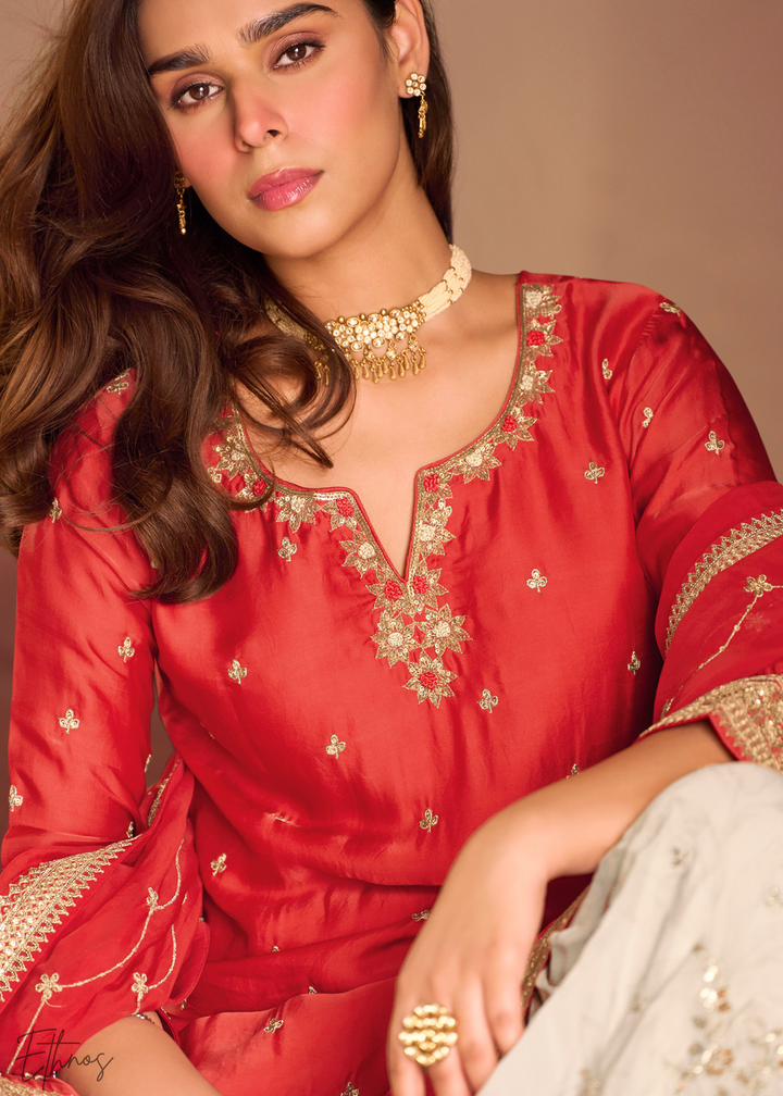 Candy Red Chinon Silk Sharara Suit