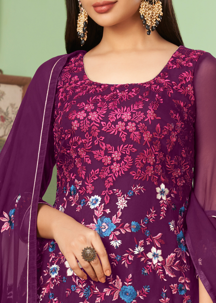 Byzantine Purple Georgette Salwar Suit with Multi Colour Thread Embroidery & Sequence work