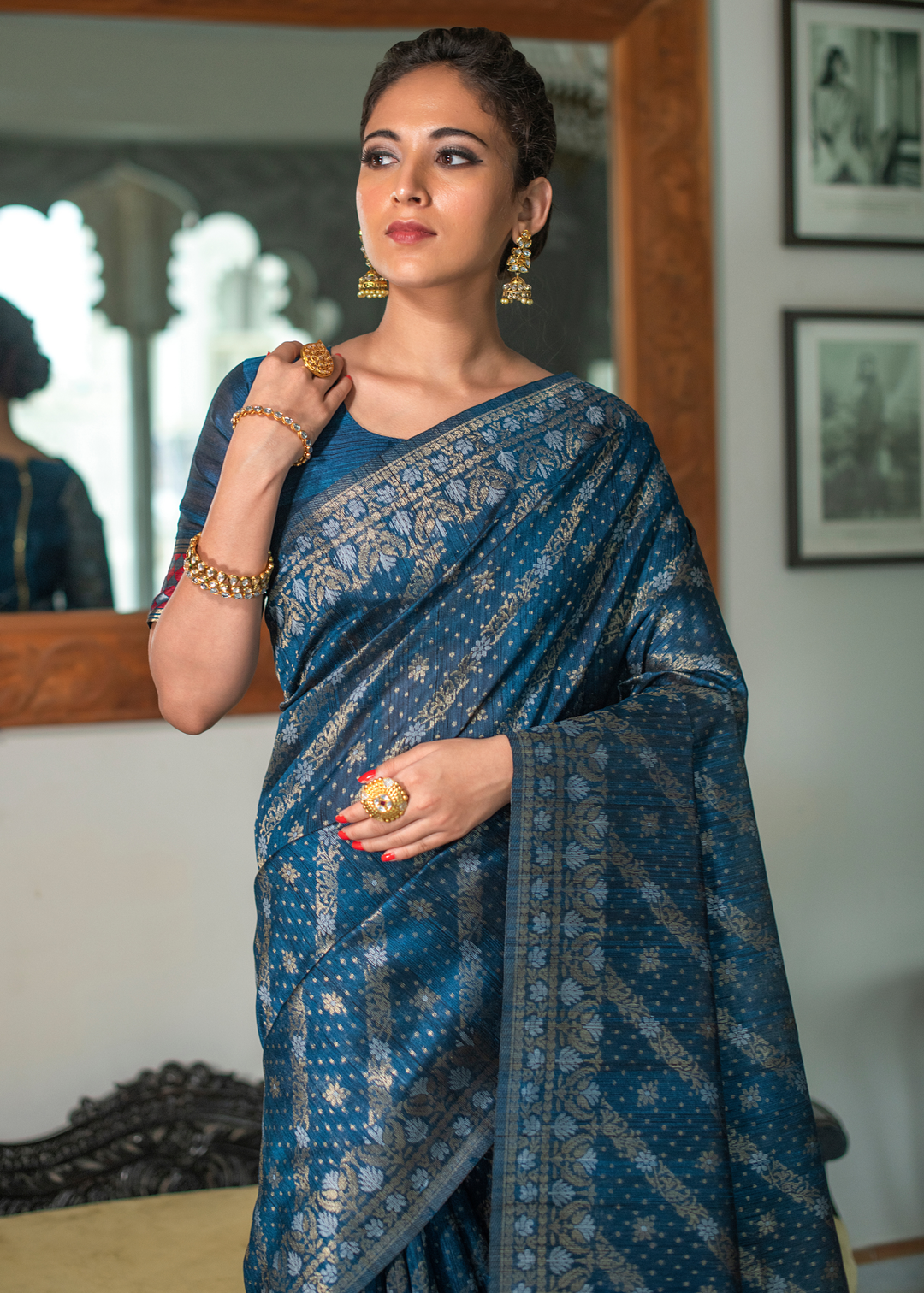 Prussian Blue Zari Woven Tussar Silk Saree with Tassels on Pallu