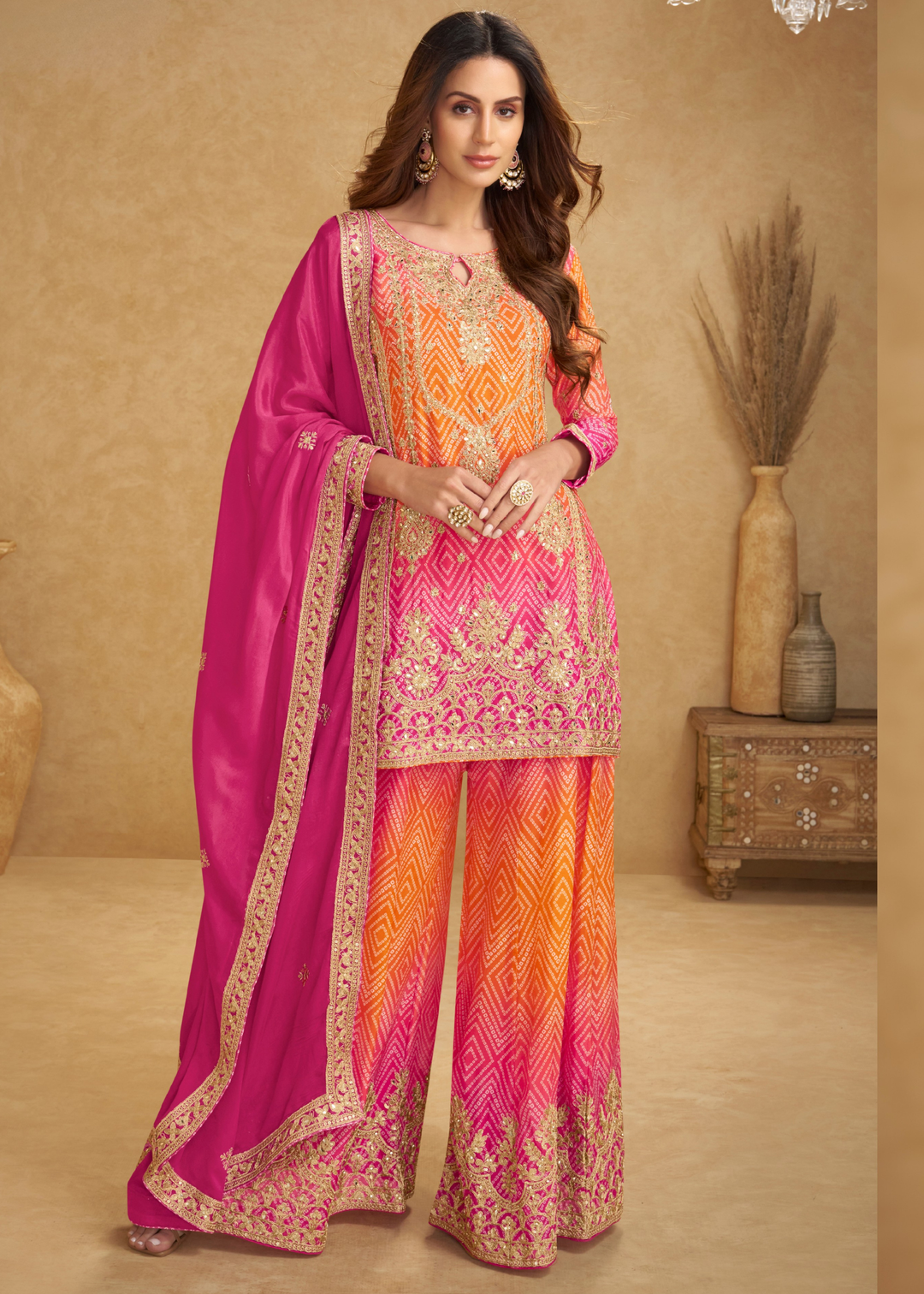 Rani Pink – Orange Ombre Chinon Palazzo Suit