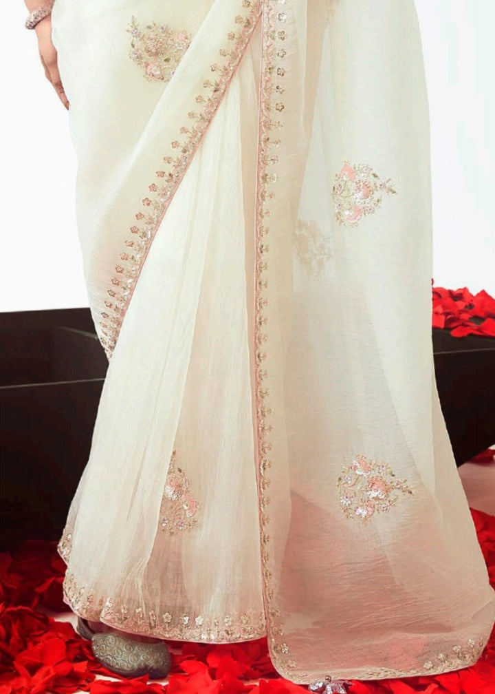 Pearl White Fancy Fabric Silk Saree With Hand Embroidered Work And Cut Work Border