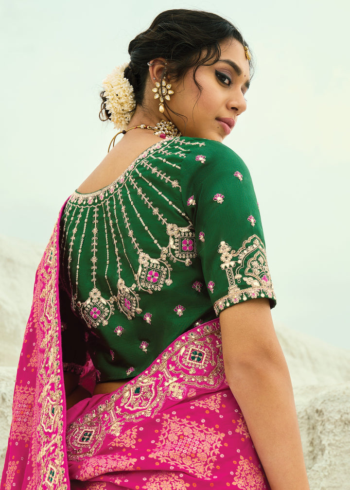 Hot Pink Georgette Bandhej Saree With Moti & Cut-Dana Handwork Border