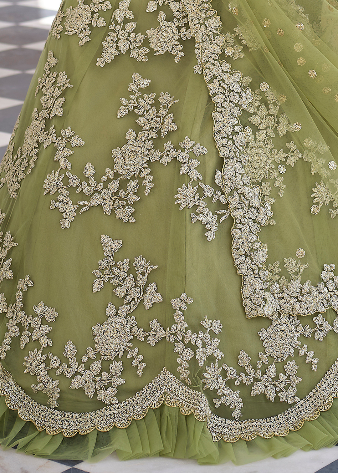Olive Green Soft Net Lehenga Choli with Dori & Sequins work