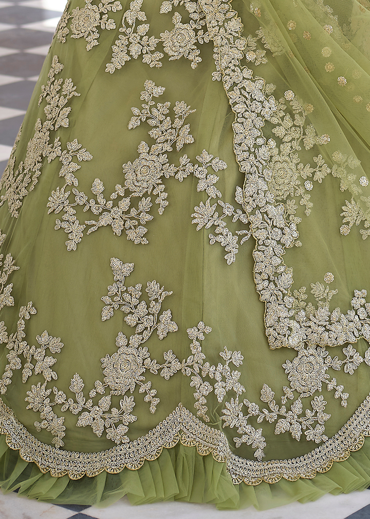 Olive Green Soft Net Lehenga Choli with Dori & Sequins work
