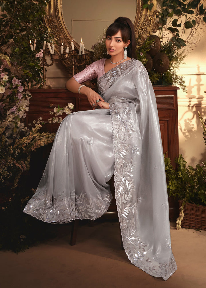 Soft Grey Tissue Organza Saree With Heavy Embroidery