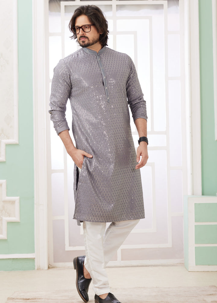 Flint Grey Silk Mens Kurta Set With Thread Embroidery Work