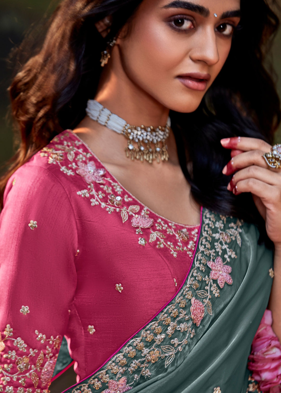 Pink And Grey Saree With Embroidery And Handwork Designer Cut Border