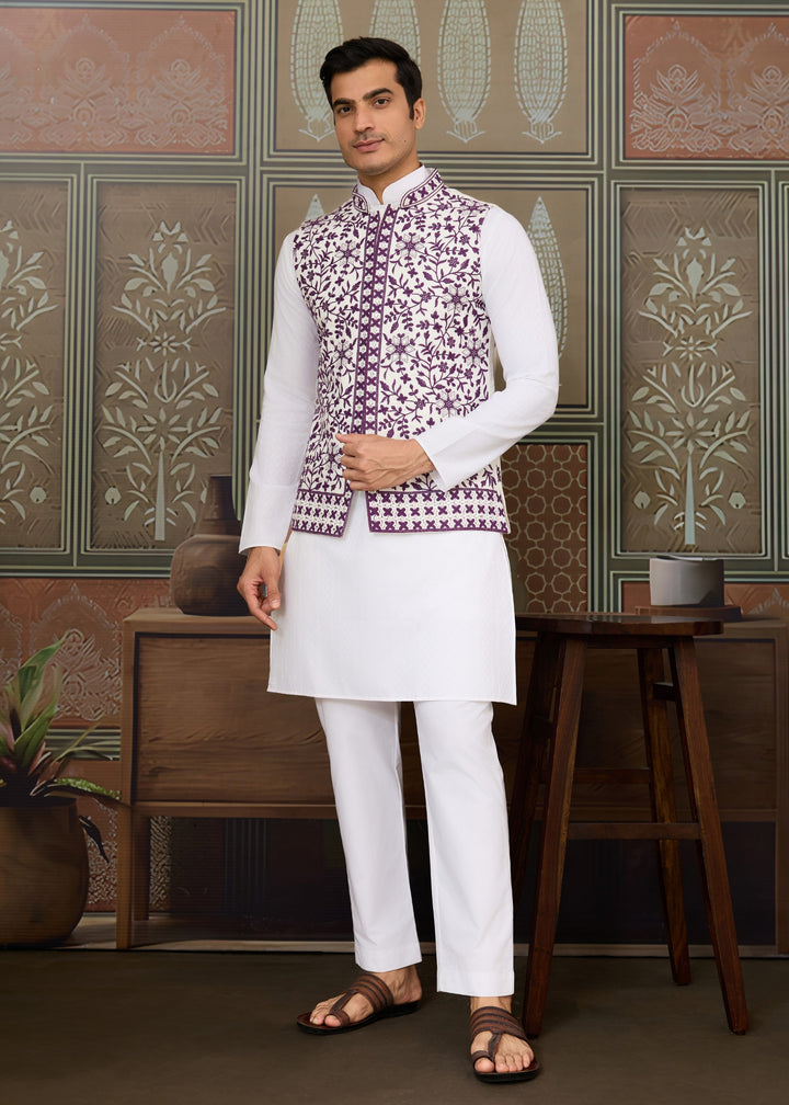 White Kurta And Pant With A Deep Plum And White Embroidered Nehru Jacket