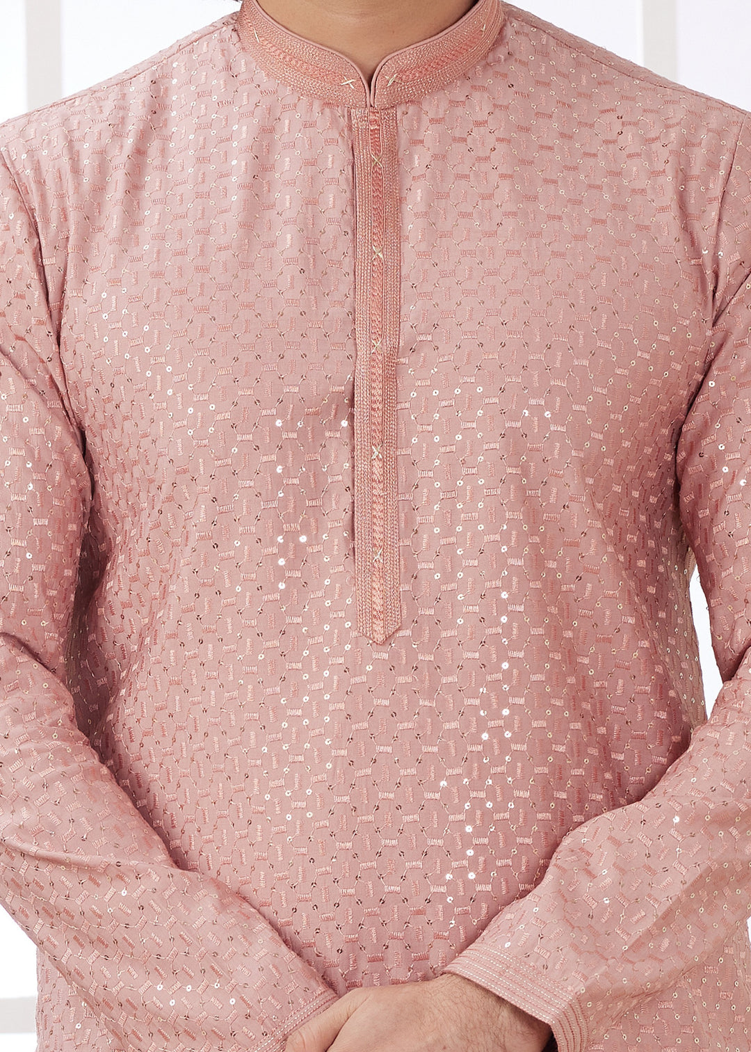 Peach Silk Mens Kurta Set With Thread Embroidery Work