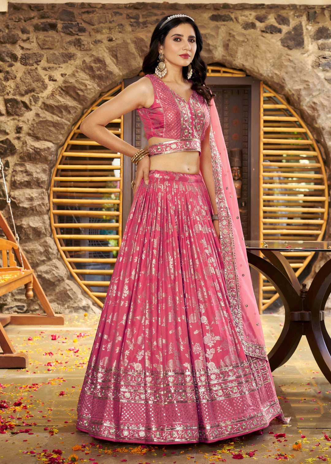 Peach Sequins and Zari Embroidery Work Silk Lehenga