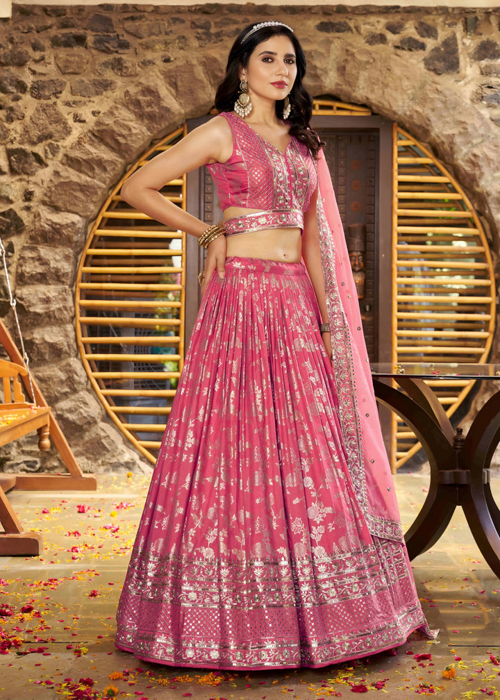 Peach Sequins and Zari Embroidery Work Silk Lehenga