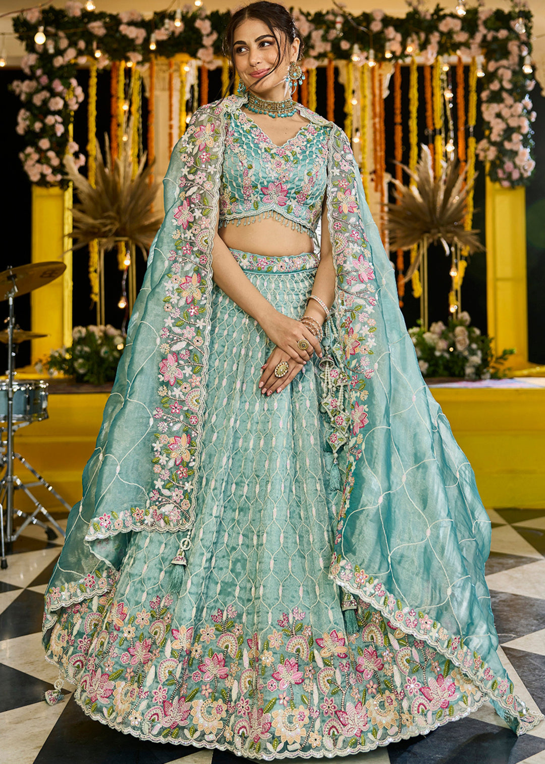 Rama Satin Silk Lehenga Choli with Sequinned Embroidered