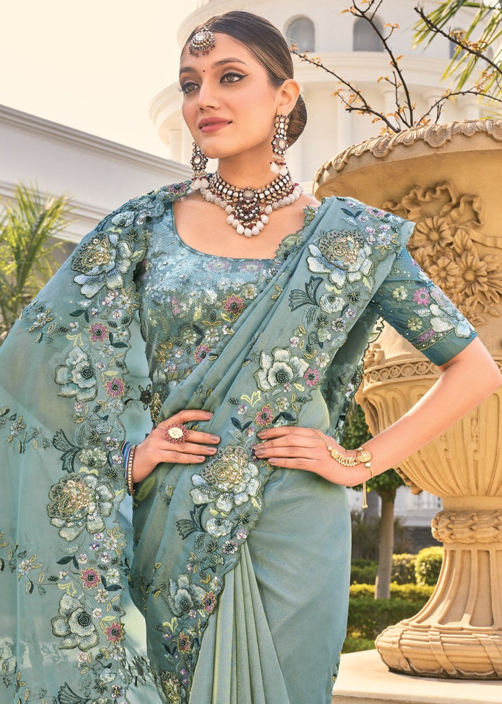 Sea Green Pure Orgenza Saree With Thread Work