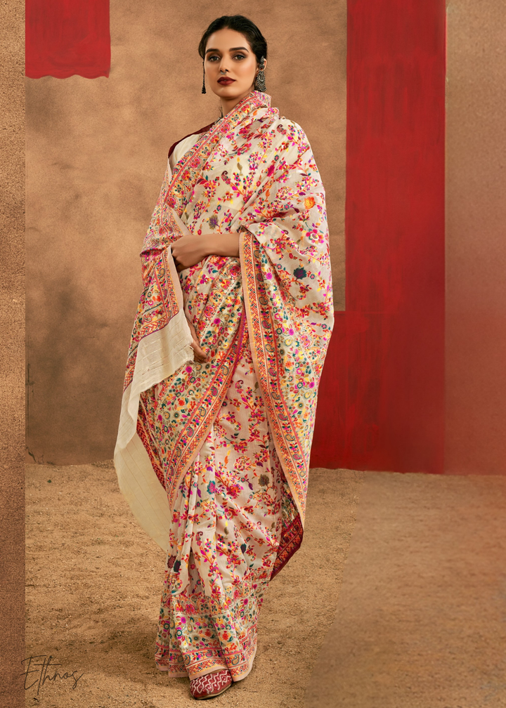 Soft Ivory Peach with Multicolour Kashmiri Floral Weave Saree
