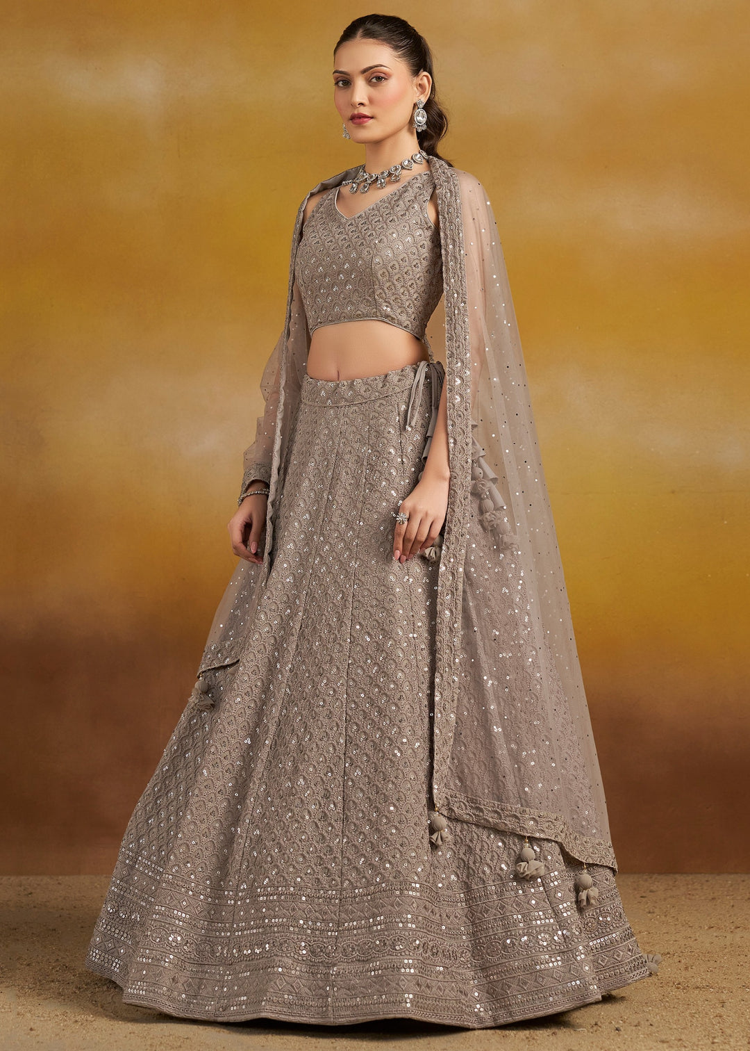 Grey Georgette Lehenga With Sequins and Thread Embroidered Work