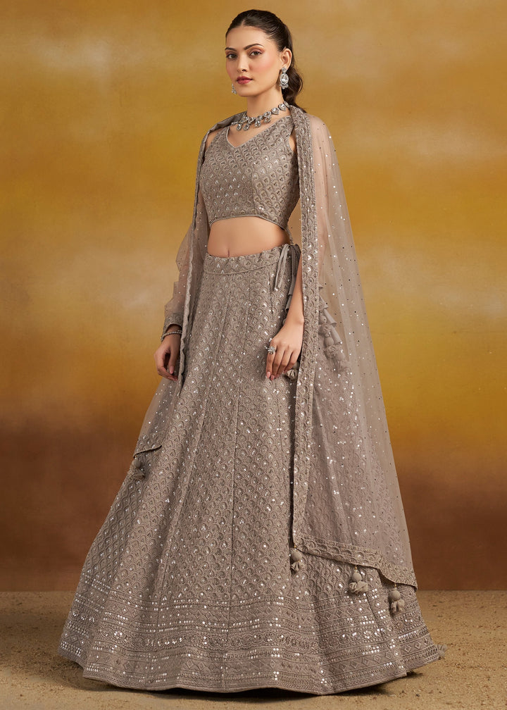 Grey Georgette Lehenga With Sequins and Thread Embroidered Work