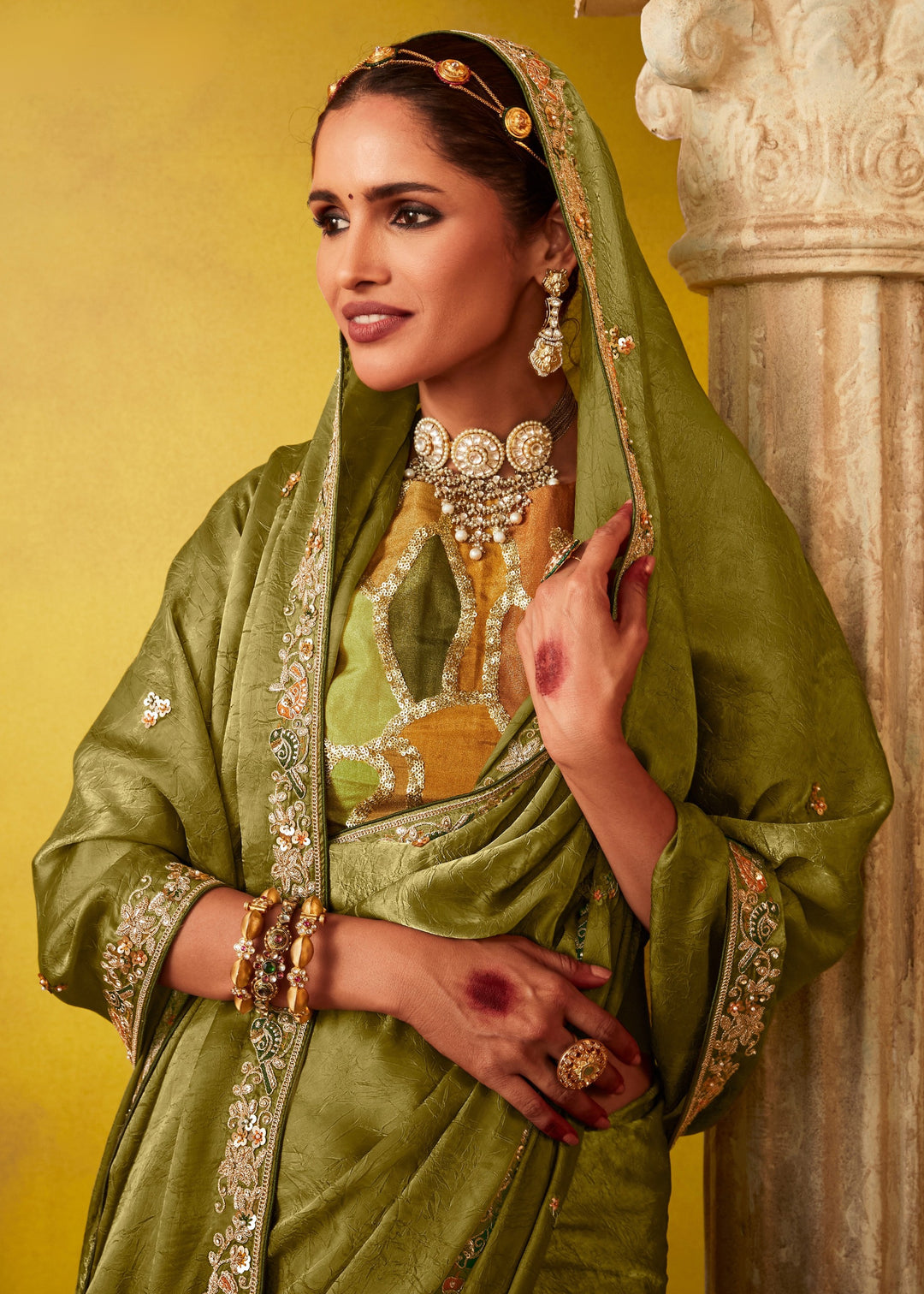 Olive Green Glass Tissue Silk Saree With Sequins And Thread Embroidered Work : Top Pick