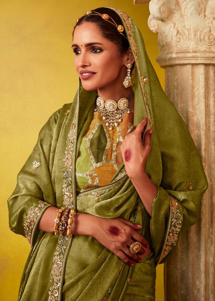 Olive Green Glass Tissue Silk Saree With Sequins And Thread Embroidered Work : Top Pick