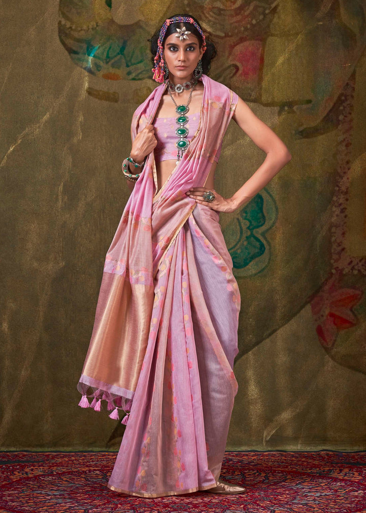 Baby Pink Cotton Silk Saree With Rangkaat Handloom Weaving