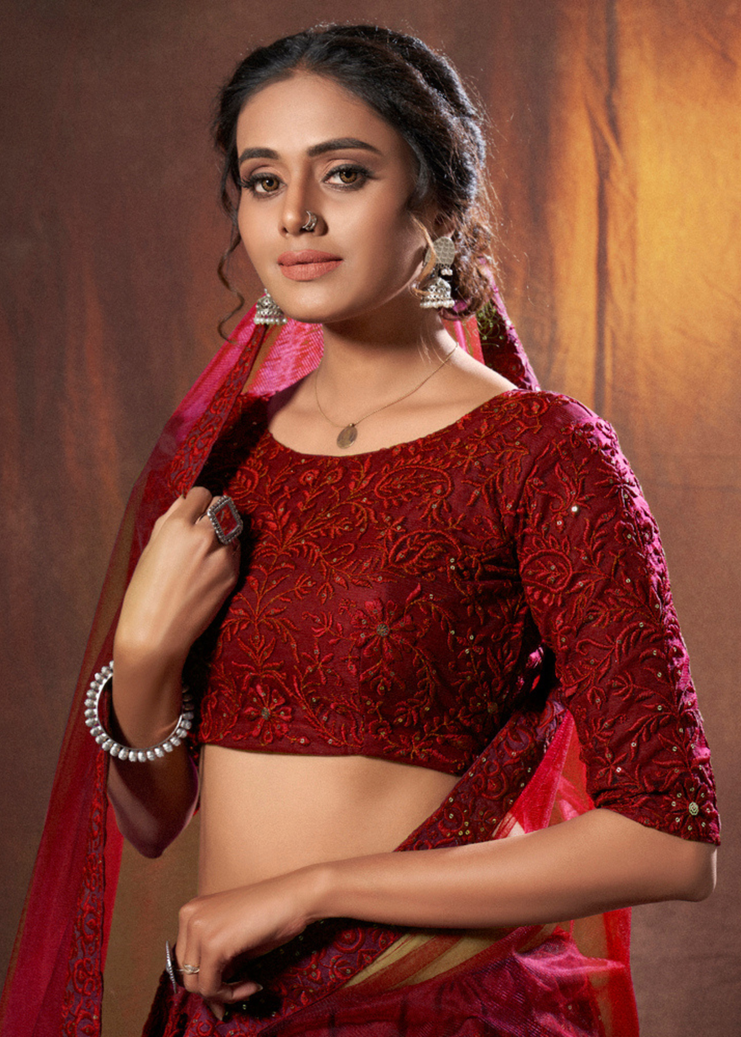 Barn Red Designer Soft Net Lehenga Choli with Thread & Sequins work