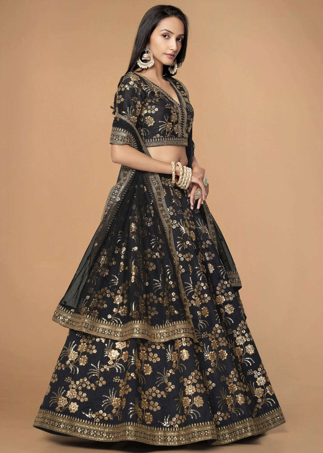 Black Slub Silk Lehenga with Zari Sequins and Dori Embroidery Work