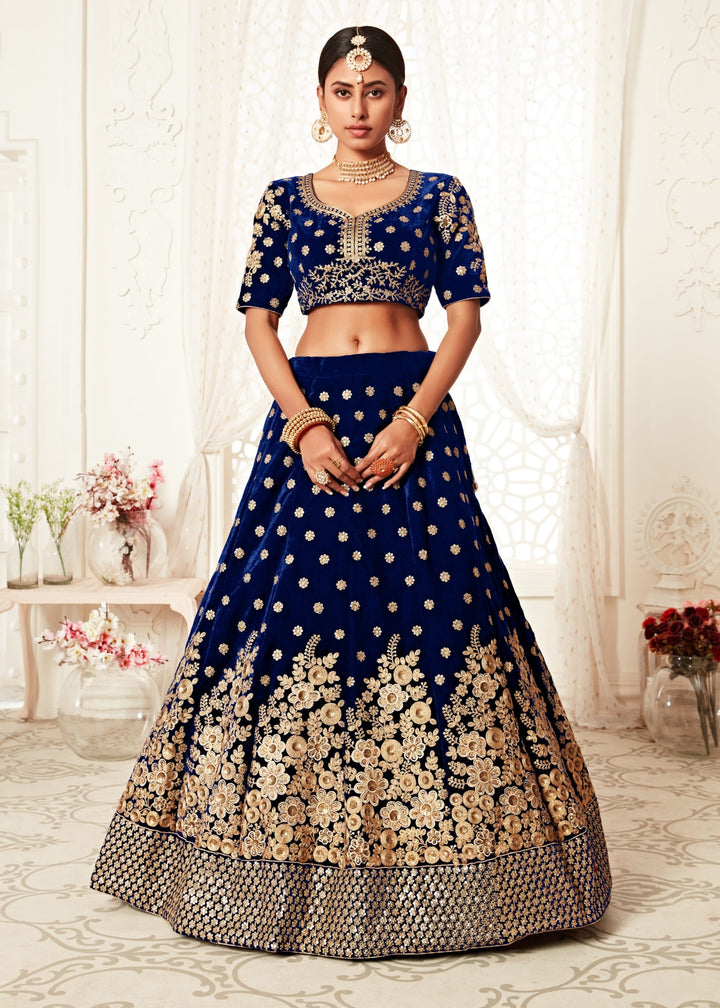 Navy Blue Velvet With Zari & Thread embroidery With Diamond Work Bridal Lehenga