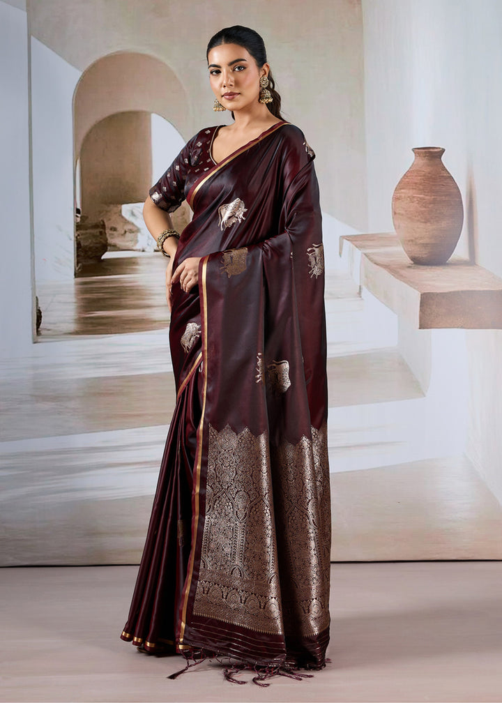 Wine Red Pure Satin Handloom Weaving Saree