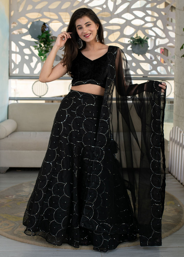 Ink Black Georgette Lehenga Choli With Sequins Zari Embroidered Work