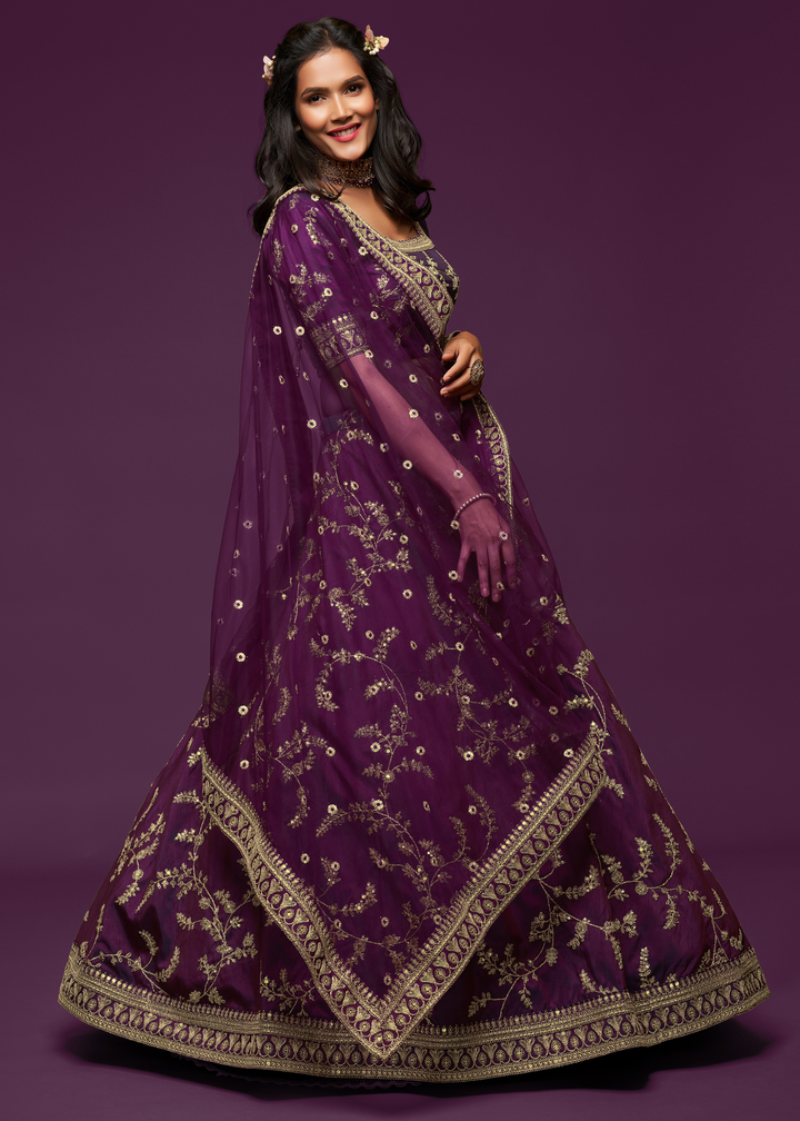 Wine Purple Silk Lehenga Choli with Thread,Zari,Dori & Sequins work