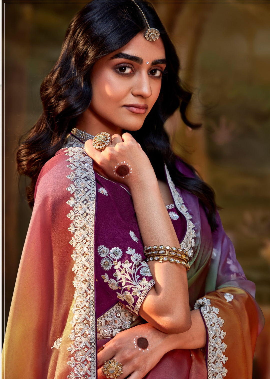 Purple And Multi-Shade Saree With Embroidery And Handwork Designer Cut Border