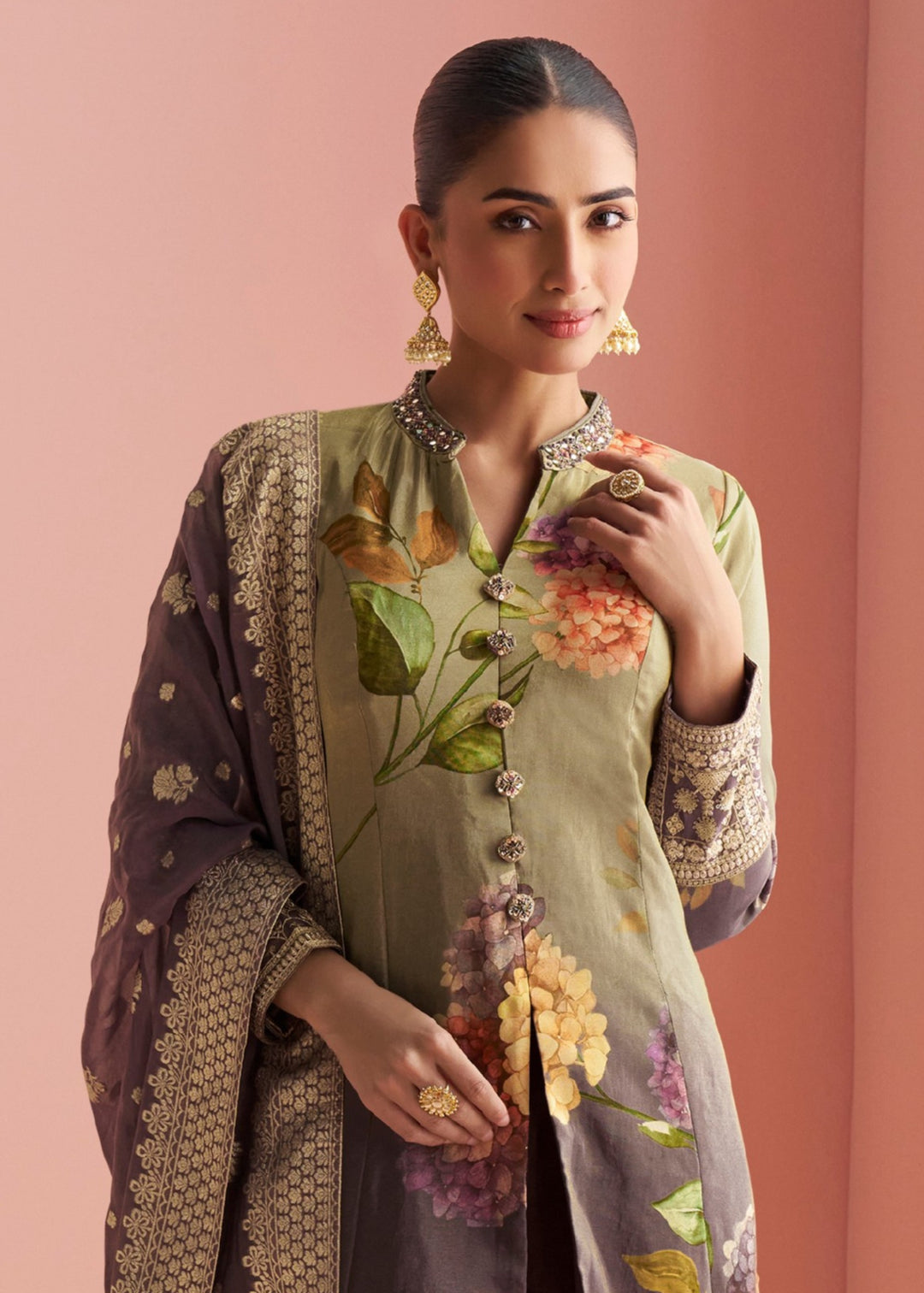 Light olive green Salwar Suit with Large Floral Print