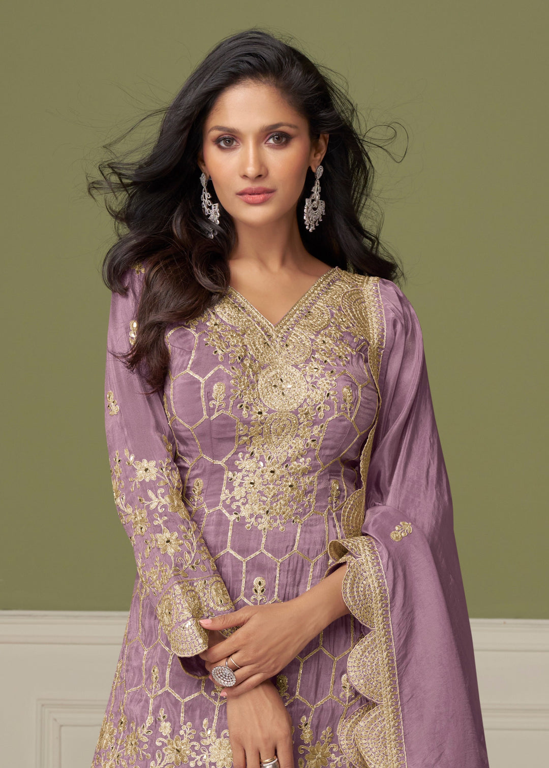 Soft Lavender Purple Silk Salwar Suit With Golden Embroidery