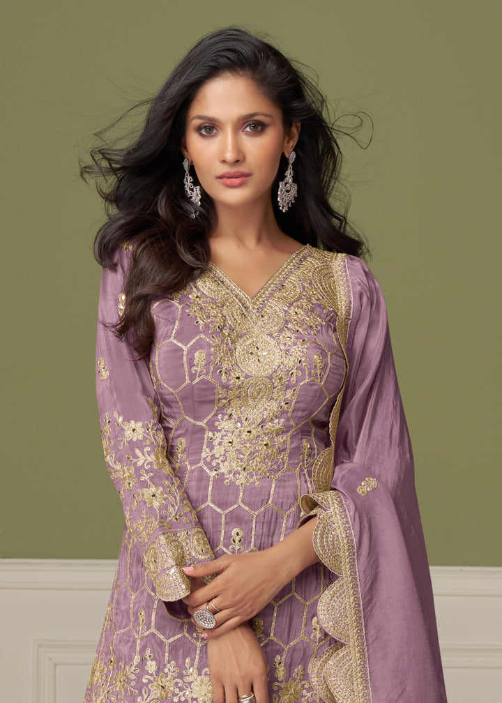 Soft Lavender Purple Silk Salwar Suit With Golden Embroidery