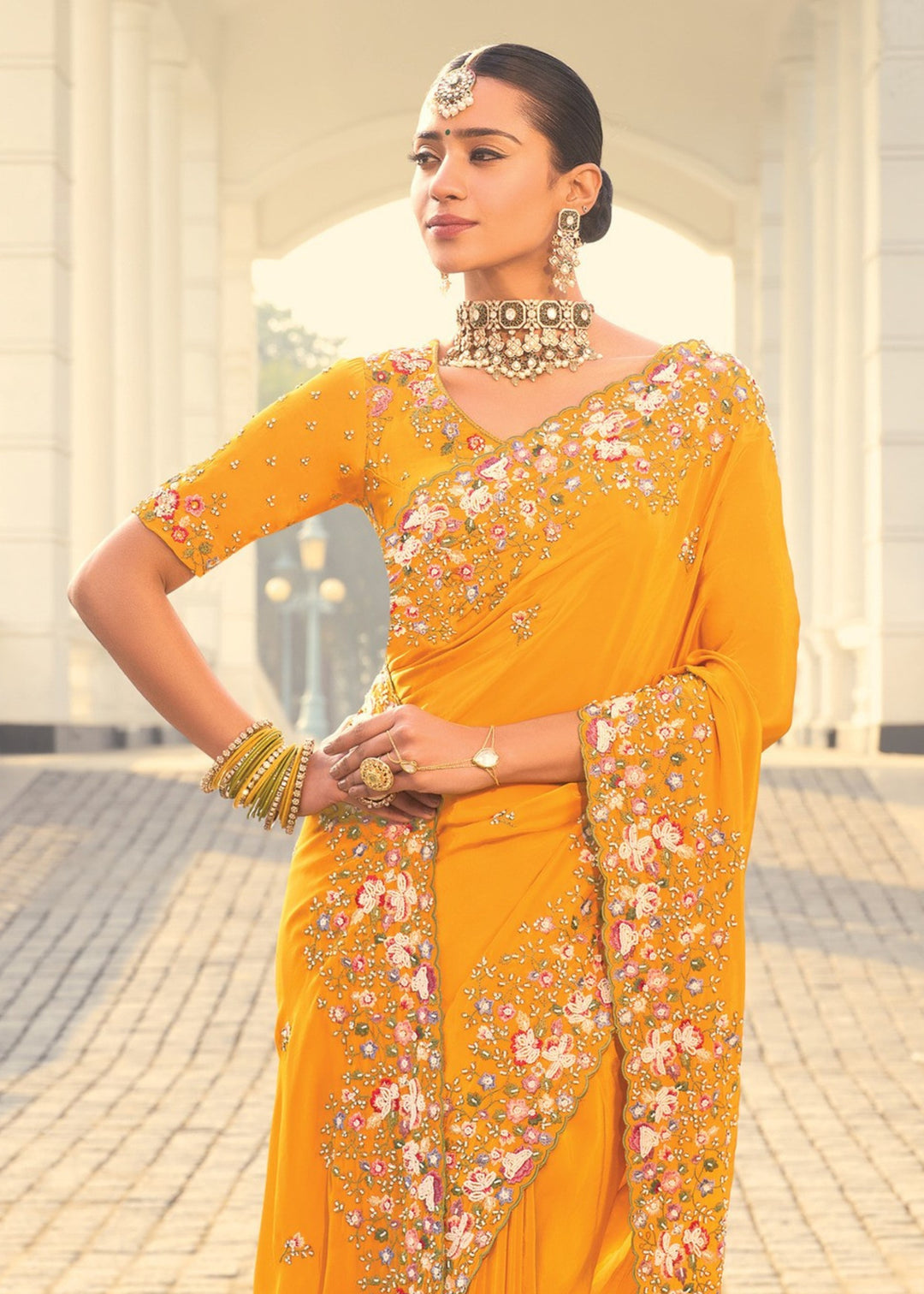 Mustard Pure Crape Saree With Moti Work