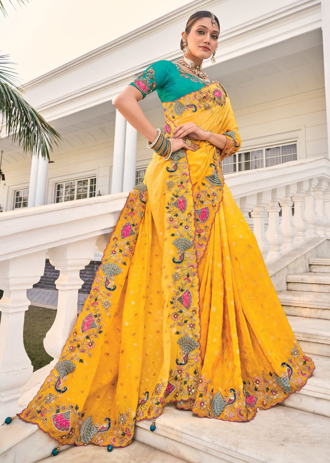 Yellow Natural Crape Saree With Moti Work
