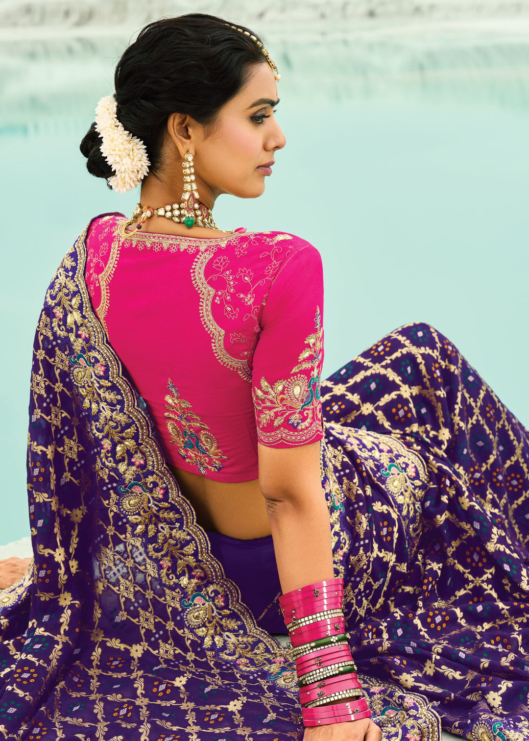 Purple Georgette Bandhej Saree With Moti & Cut-Dana Handwork Border