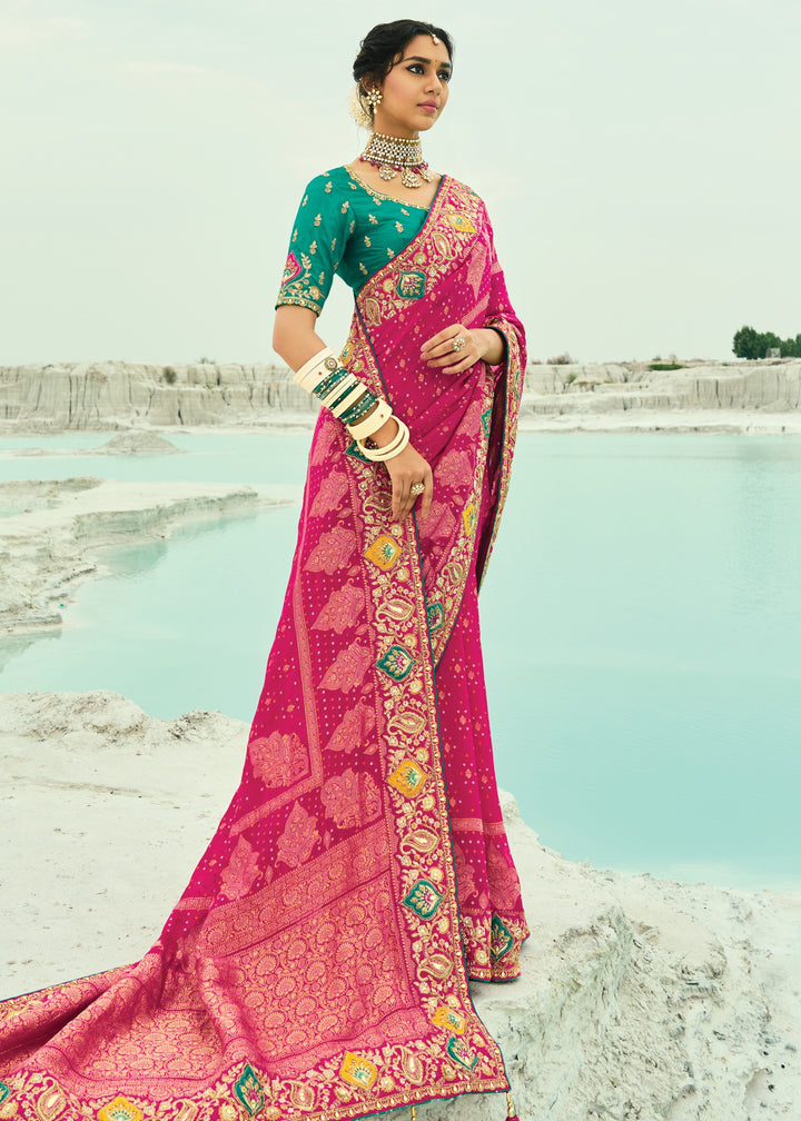 Bright Pink Georgette Bandhej Saree With Moti & Cut-Dana Handwork Border