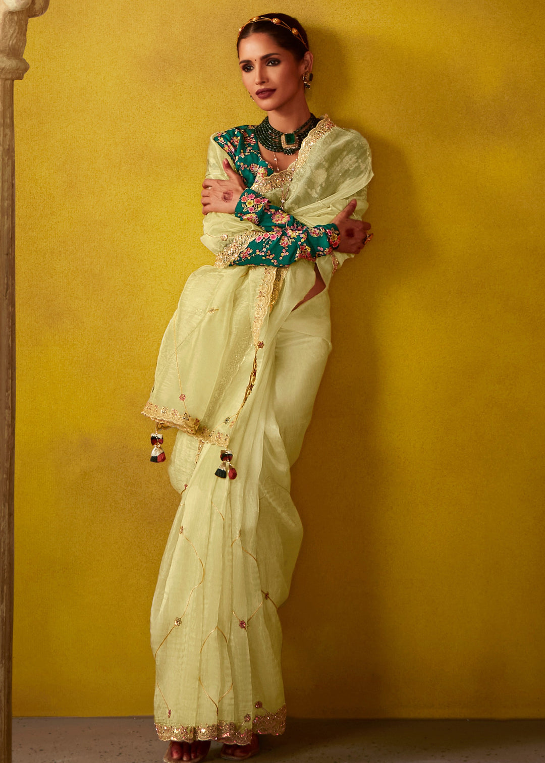 Lemon Yellow Glass Tissue Silk Saree