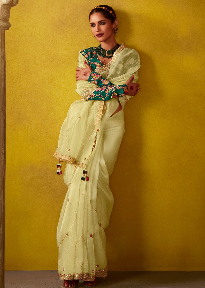 Lemon Yellow Glass Tissue Silk Saree
