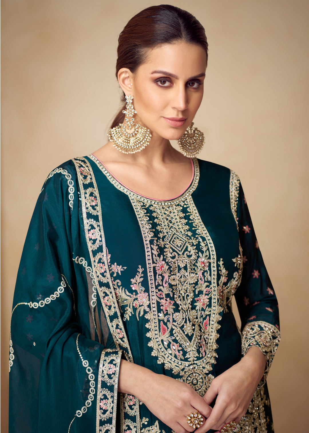 Prussian Green Chinon Palazzo Silk Suit With Beautiful Embroidery Work