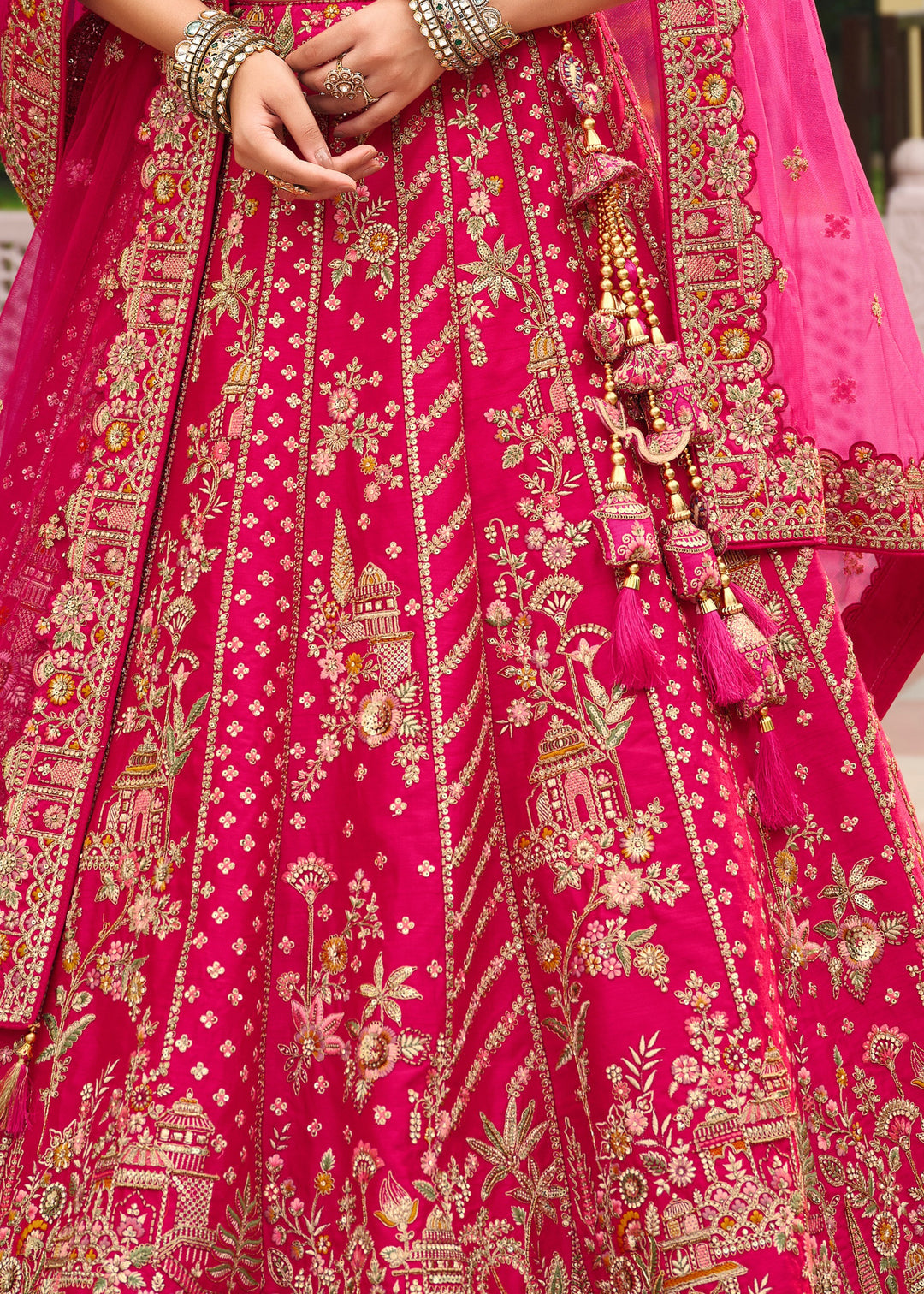 Rani Pink Heavy Bridal Silk Lehenga With Khatli And Embroidery Work