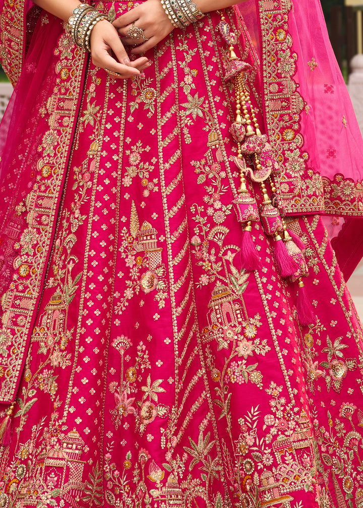 Rani Pink Heavy Bridal Silk Lehenga With Khatli And Embroidery Work