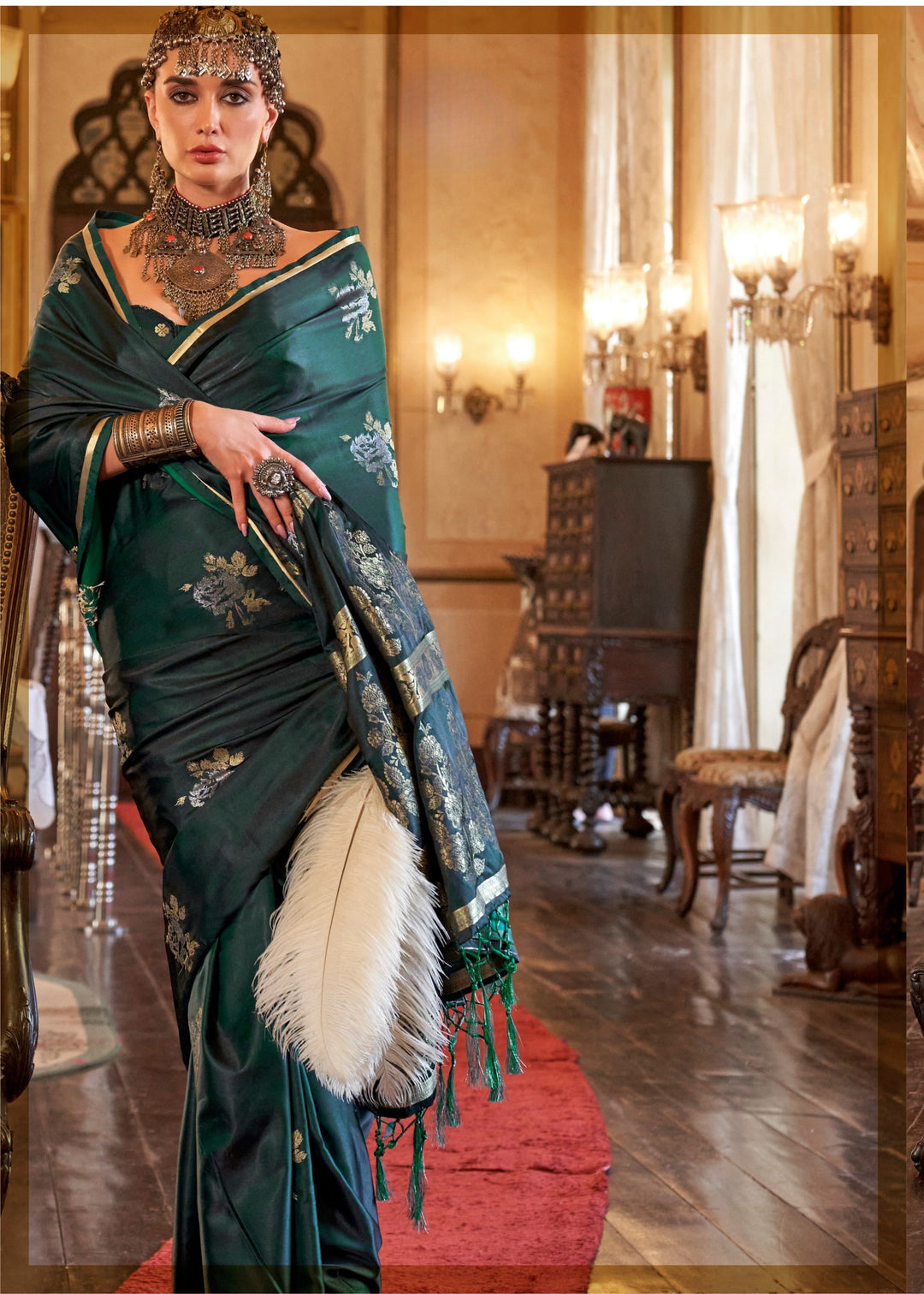 Dark Green Pure Satin Handloom Weaving Silk Saree