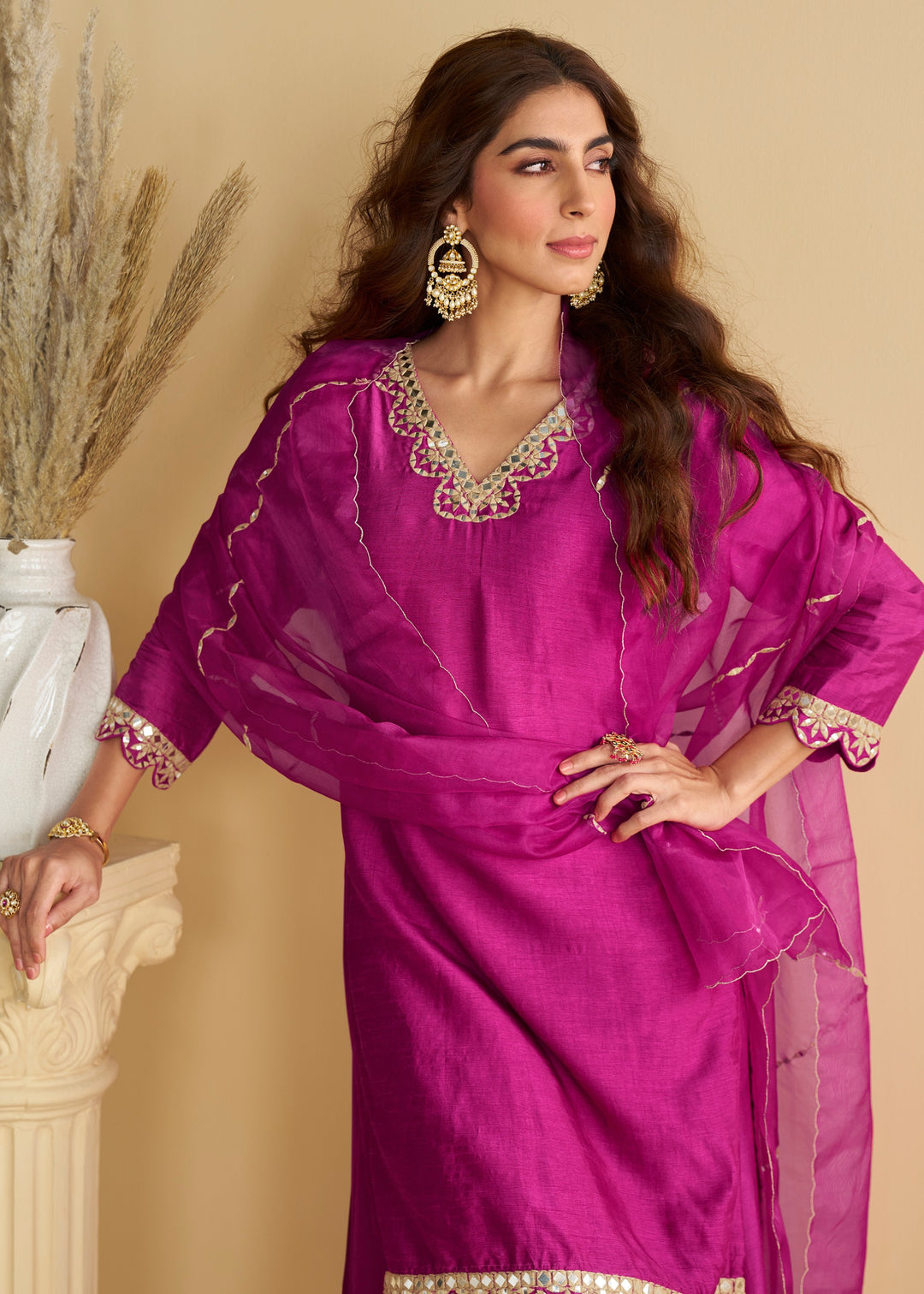 Bright Fuchsia Pink Silk Palazzo Suit With Gold Embroidery